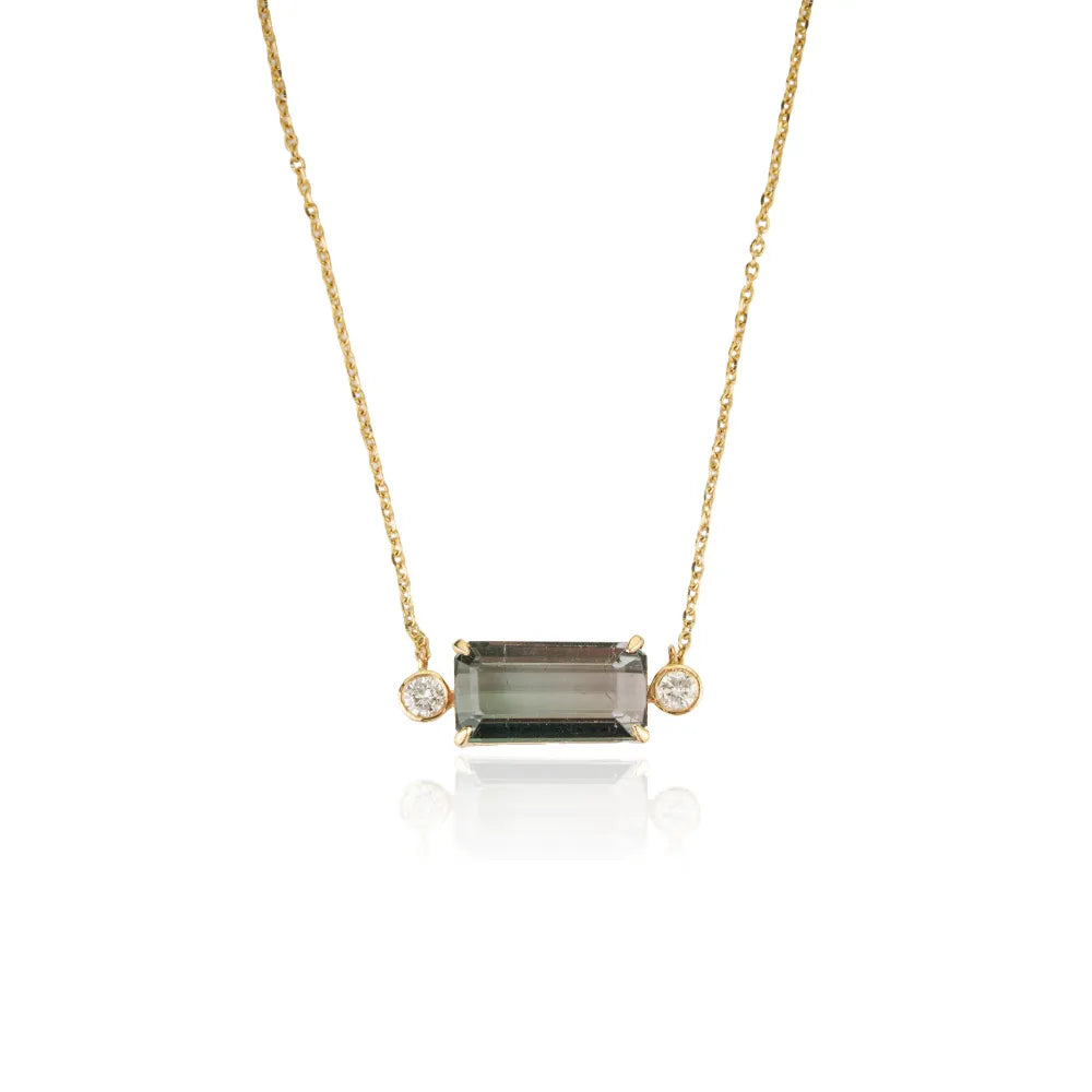 Fine Gemstone Tourmaline & Diamond Solid K14 Yellow Gold Stackable Pendant Necklace Latest Design Jewelry