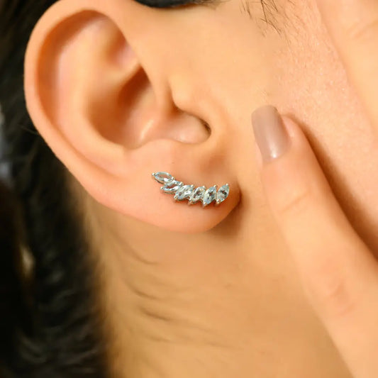 Marquise Shape Blue Topaz 14K White Gold Wings Shape Ear Climber Earrings Unique Design