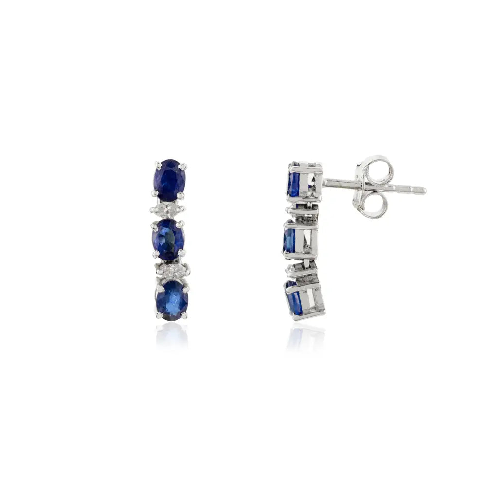 Prong Set Blue Sapphire & Diamond Minimal Drop Earrings Fine 14K White Gold Women Jewelry