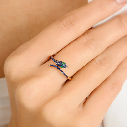 Precious Gemstone Genuine Emerald & Blue Sapphire Minimal Snake Ring Pure 14K Gold Jewelry