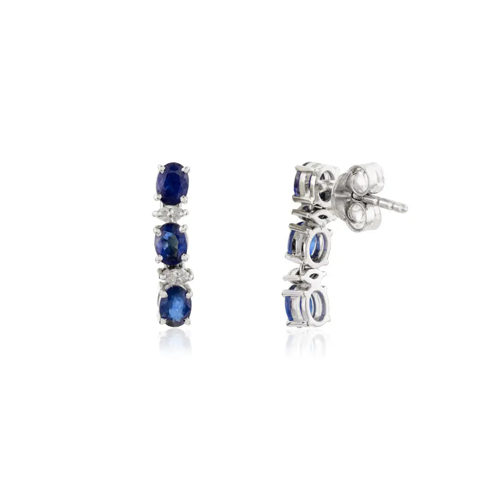 Prong Set Blue Sapphire & Diamond Minimal Drop Earrings Fine 14K White Gold Women Jewelry