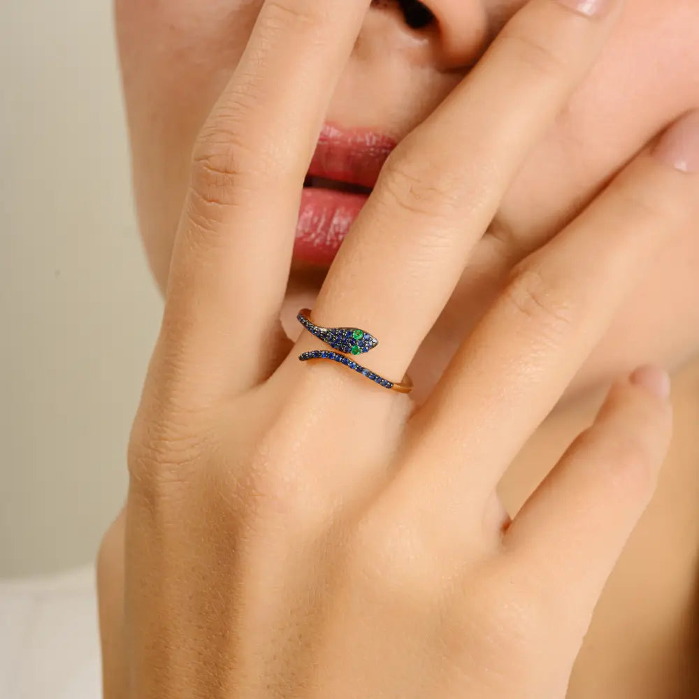 Precious Gemstone Genuine Emerald & Blue Sapphire Minimal Snake Ring Pure 14K Gold Jewelry