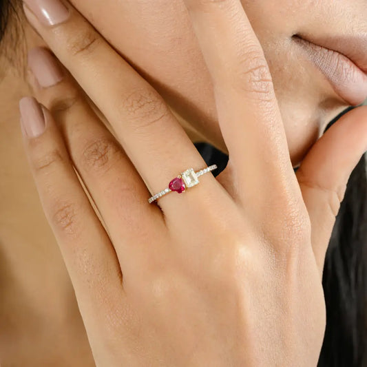 Minimalist Jewelry Heart Shape Ruby & Diamond Toi et Moi Promise Ring Anniversary Gift