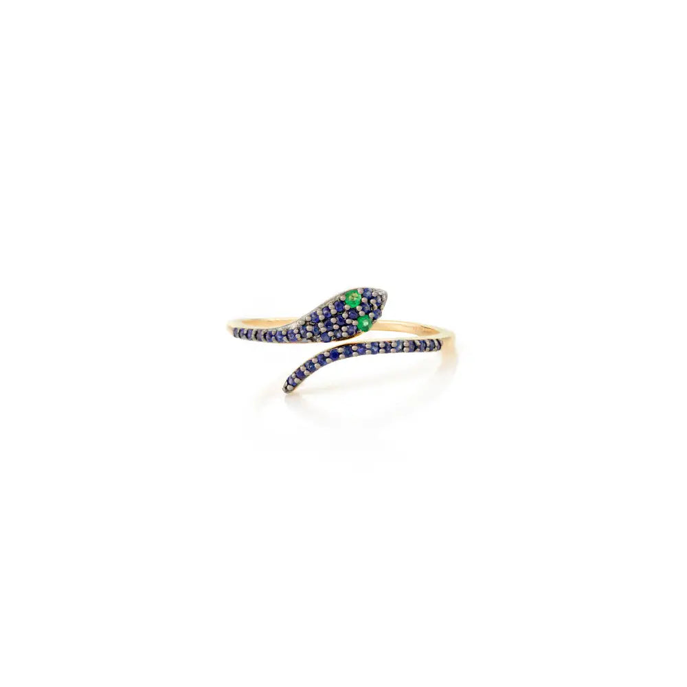 Precious Gemstone Genuine Emerald & Blue Sapphire Minimal Snake Ring Pure 14K Gold Jewelry