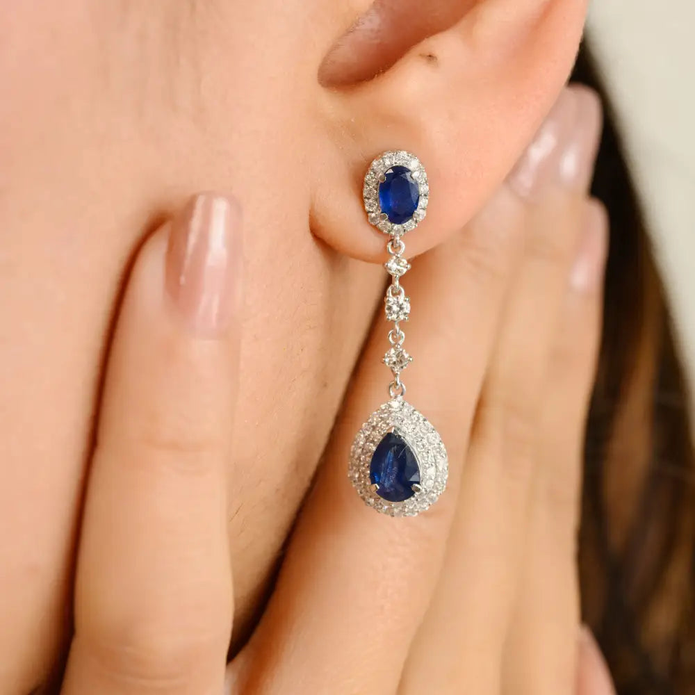Trending Blue Sapphire & Diamond 18K Pure White Gold Drop Earrings Wedding Jewelry For Women