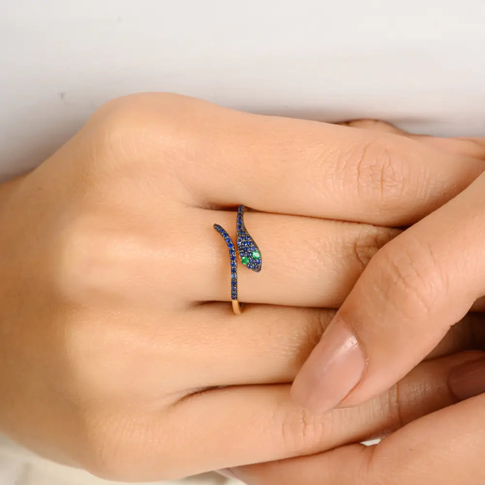 Precious Gemstone Genuine Emerald & Blue Sapphire Minimal Snake Ring Pure 14K Gold Jewelry