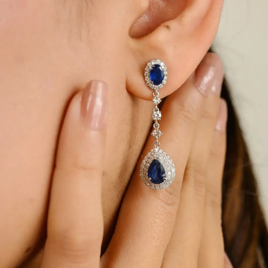 Trending Blue Sapphire & Diamond 18K Pure White Gold Drop Earrings Wedding Jewelry For Women