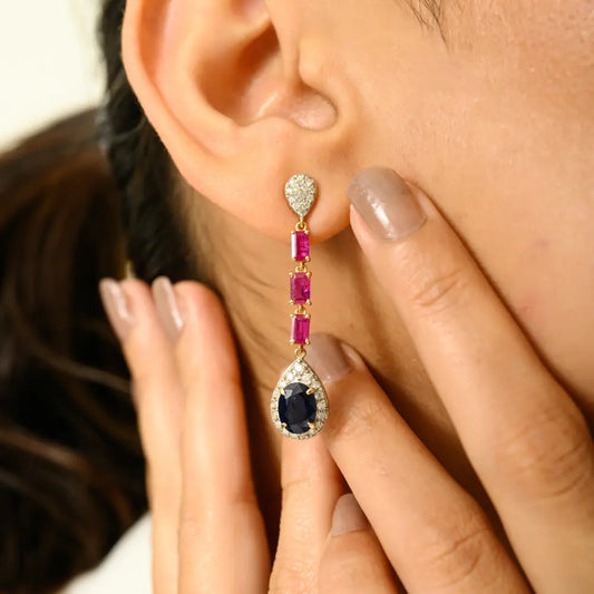 Precious Gemstone Blue Sapphire Ruby & Diamond Long Dangle Earrings 14K Yellow Gold