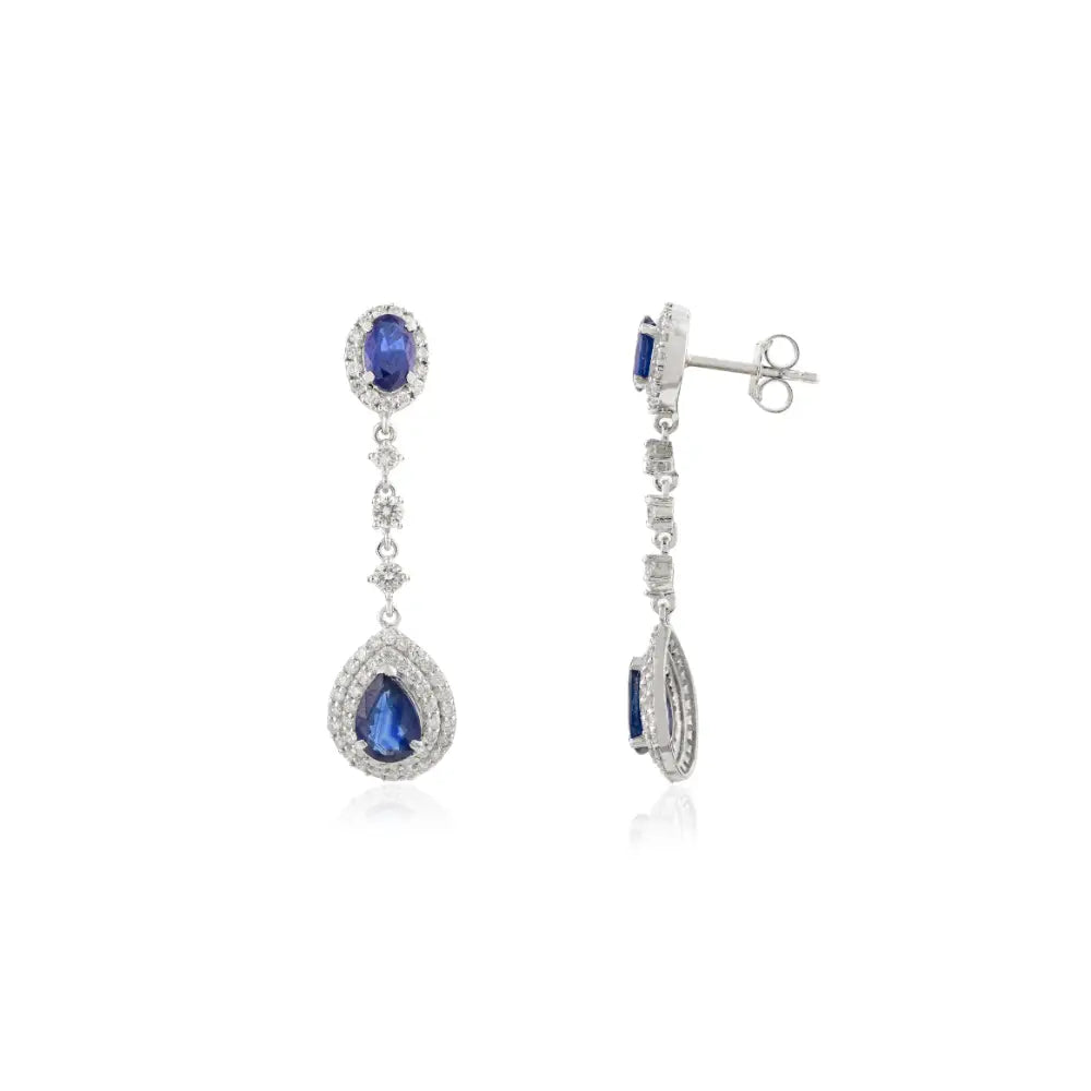 Trending Blue Sapphire & Diamond 18K Pure White Gold Drop Earrings Wedding Jewelry For Women