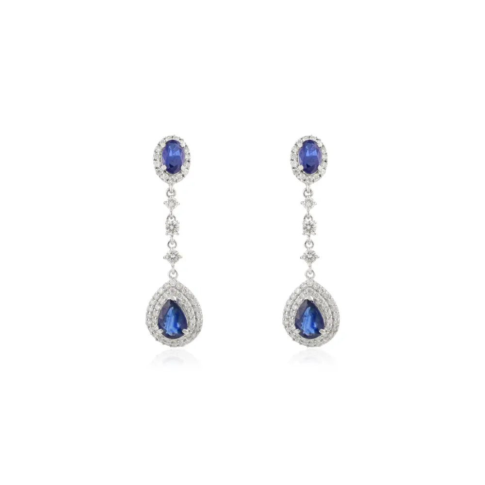 Trending Blue Sapphire & Diamond 18K Pure White Gold Drop Earrings Wedding Jewelry For Women