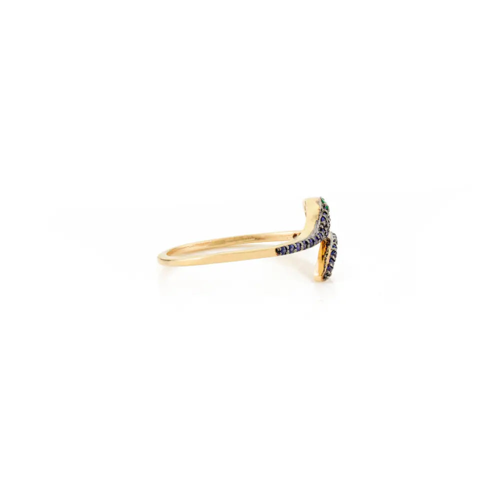 Precious Gemstone Genuine Emerald & Blue Sapphire Minimal Snake Ring Pure 14K Gold Jewelry