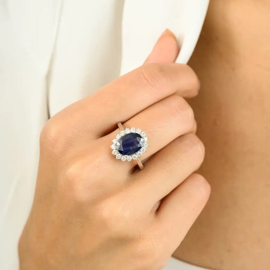Fine 14K White Gold Natural Blue Sapphire & Diamond Princess Diana Cluster Ring For Wedding