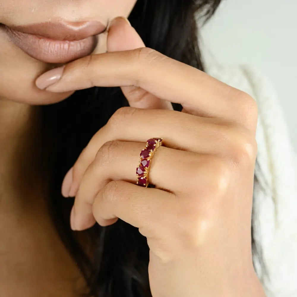 Heart Shape Ruby 18K Real Yellow Gold Half Eternity Band Ring For Women Precious Jewelry