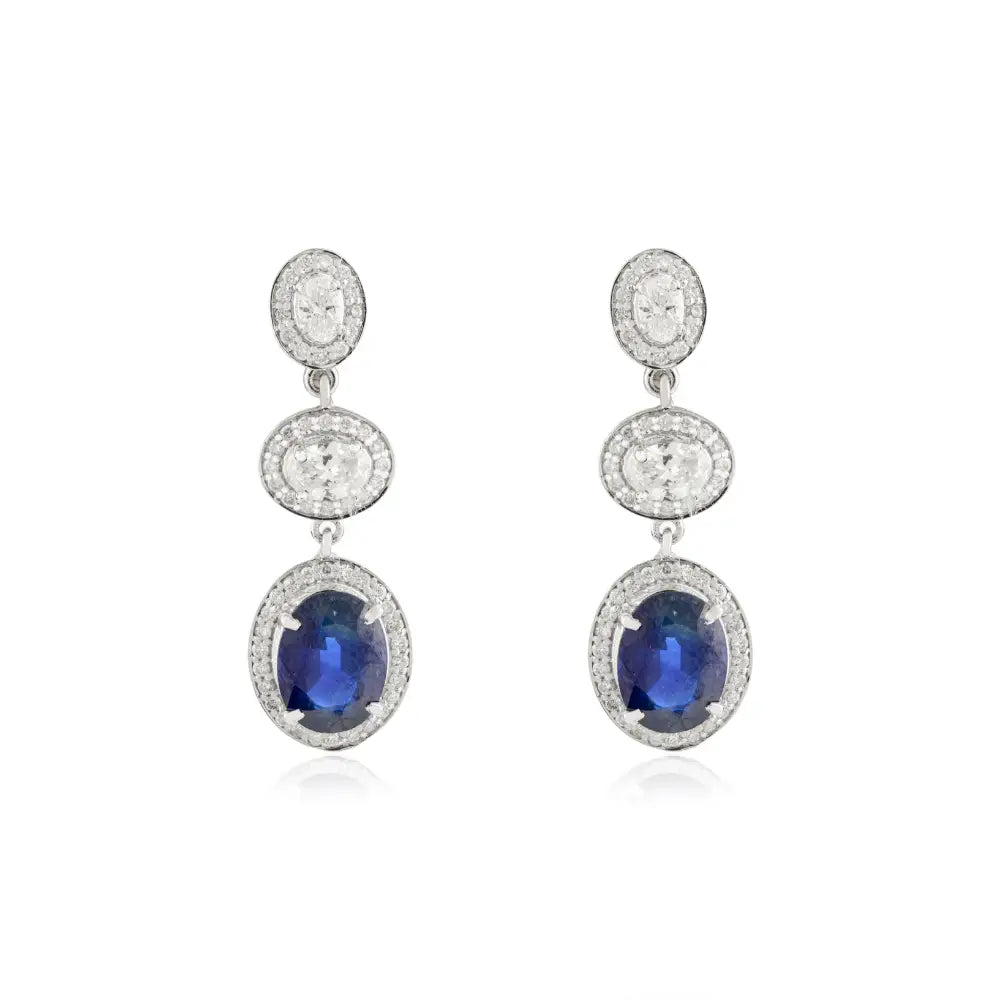 Luxury Blue Sapphire & Diamond Dangle Earrings Handmade Solid K14 White Gold Jewelry