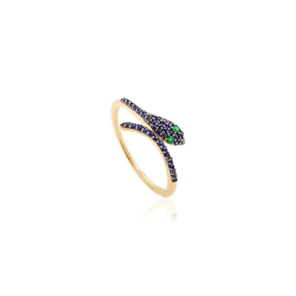 Precious Gemstone Genuine Emerald & Blue Sapphire Minimal Snake Ring Pure 14K Gold Jewelry