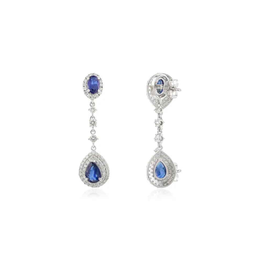 Trending Blue Sapphire & Diamond 18K Pure White Gold Drop Earrings Wedding Jewelry For Women