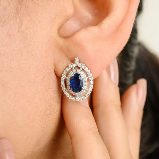 Unique Design Statement Stud Earrings Blue Sapphire & Diamond 14K White Gold Fine Jewelry