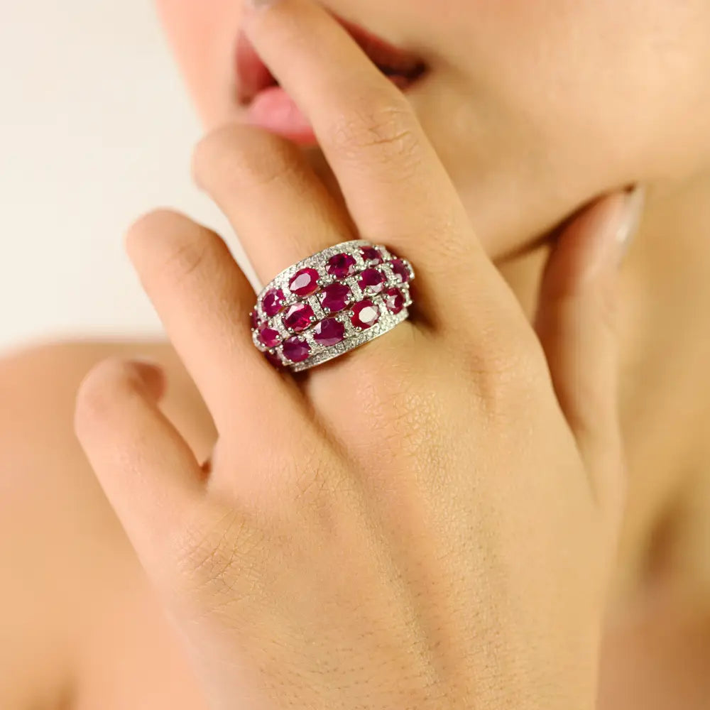 Luxury Beautiful Ruby & Diamond 18K Real White Gold Chunky Dome Ring Bold Jewelry