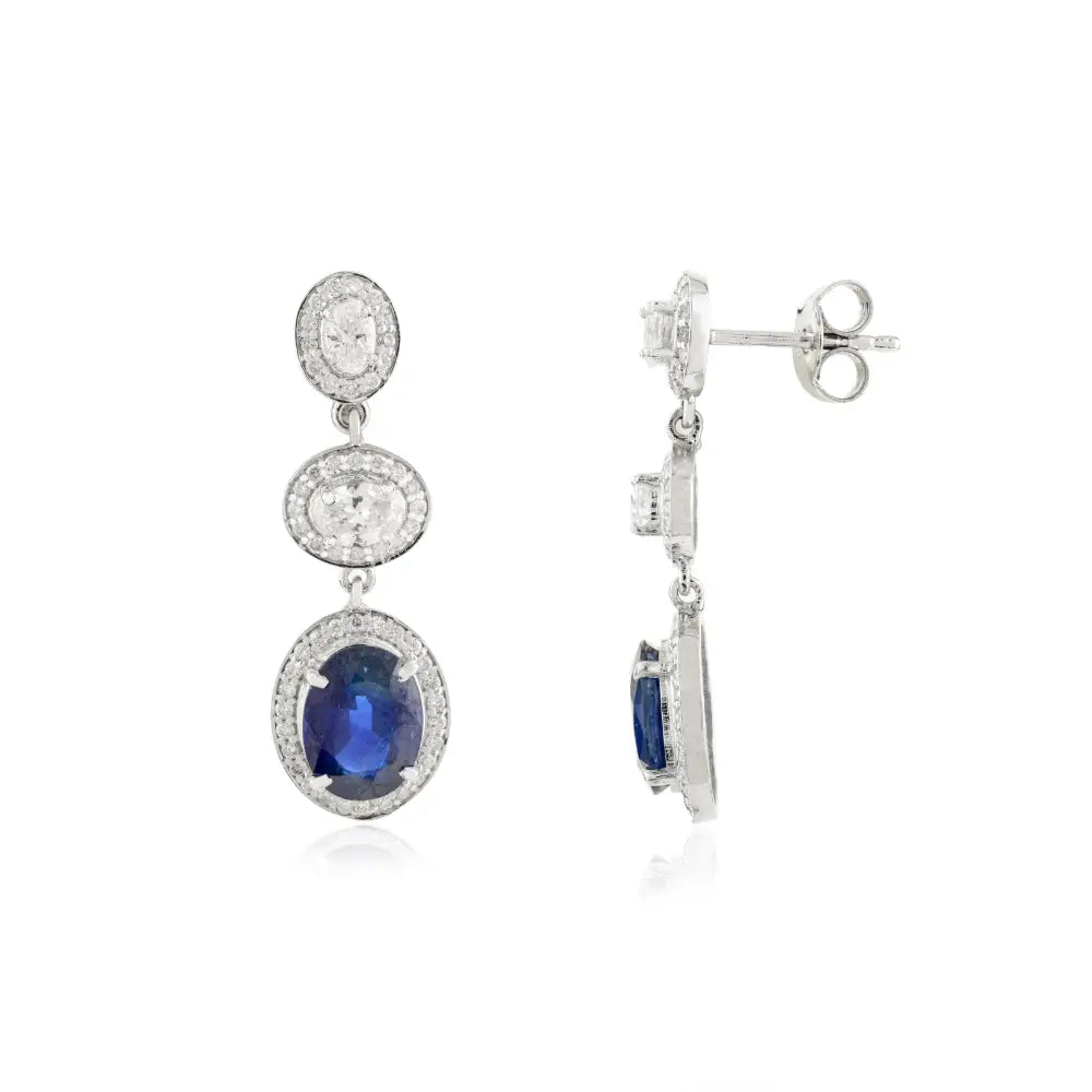Luxury Blue Sapphire & Diamond Dangle Earrings Handmade Solid K14 White Gold Jewelry