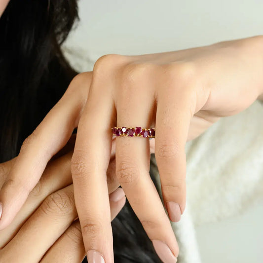Heart Shape Ruby 18K Real Yellow Gold Half Eternity Band Ring For Women Precious Jewelry