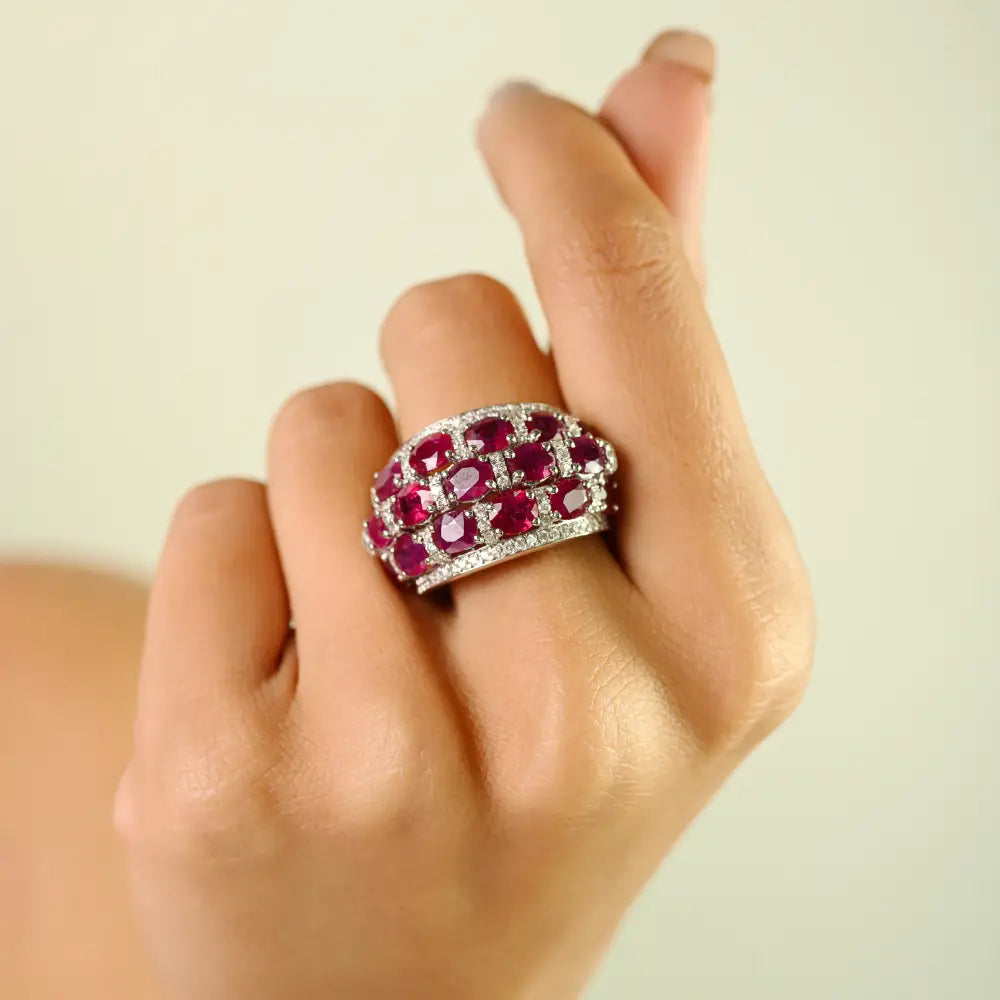 Luxury Beautiful Ruby & Diamond 18K Real White Gold Chunky Dome Ring Bold Jewelry