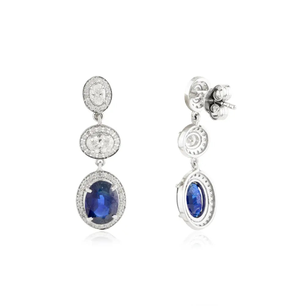 Luxury Blue Sapphire & Diamond Dangle Earrings Handmade Solid K14 White Gold Jewelry