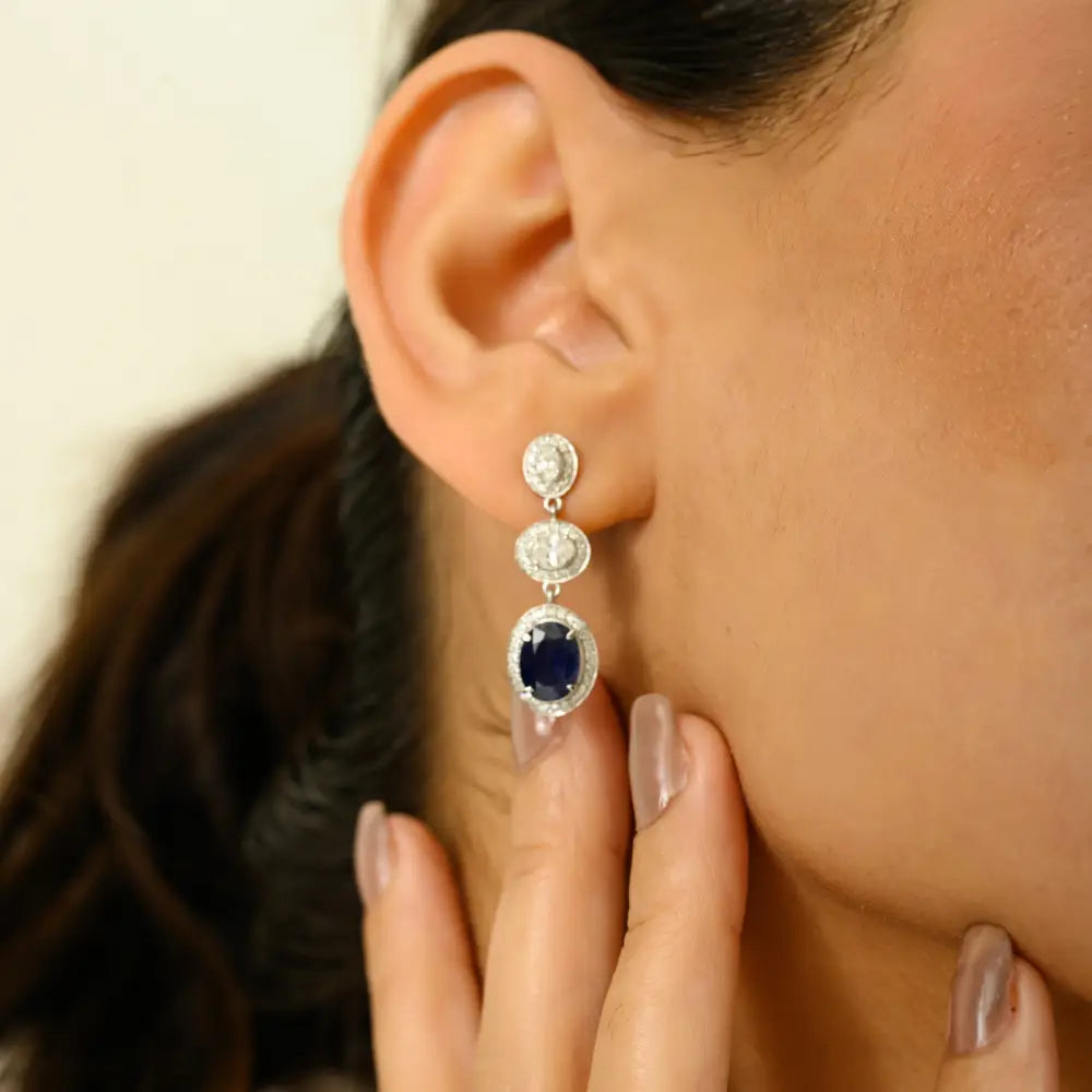 Luxury Blue Sapphire & Diamond Dangle Earrings Handmade Solid K14 White Gold Jewelry