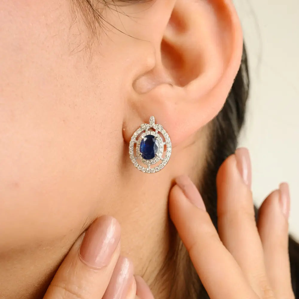 Unique Design Statement Stud Earrings Blue Sapphire & Diamond 14K White Gold Fine Jewelry