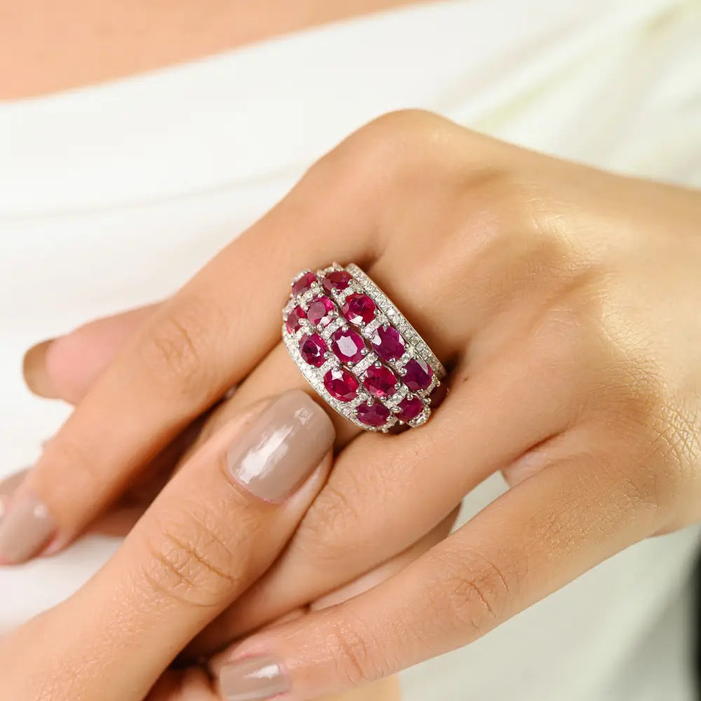 Luxury Beautiful Ruby & Diamond 18K Real White Gold Chunky Dome Ring Bold Jewelry
