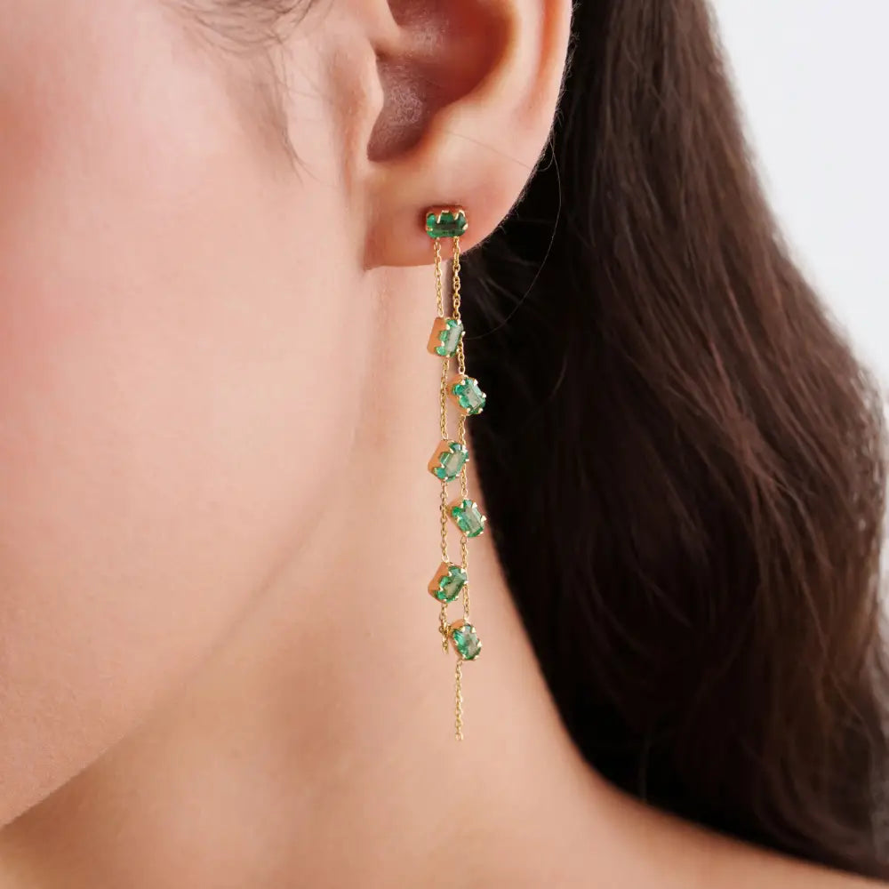 Pinion Bezel Set Emerald 14K Real Yellow Gold Double Link Chain Long Dangle Earrings