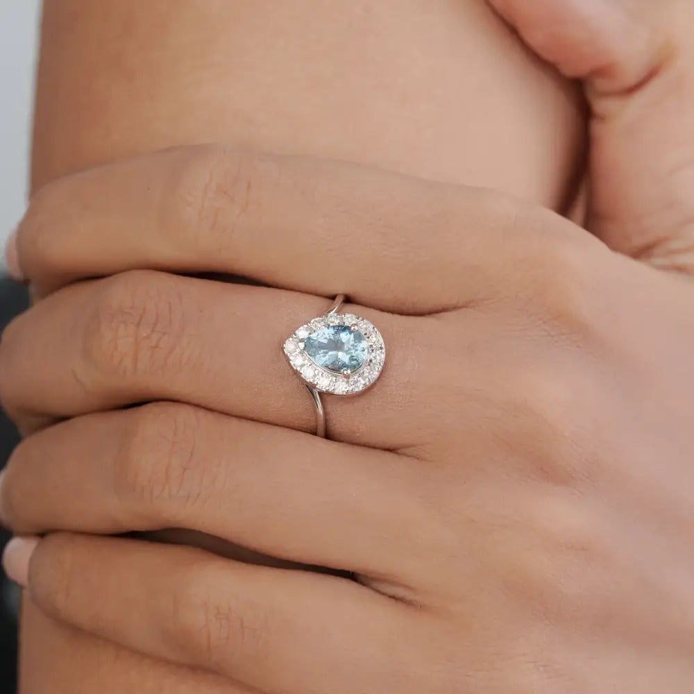 Latest Design Genuine Aquamarine & Diamond Pear Shape Halo Ring 14K Solid White Gold