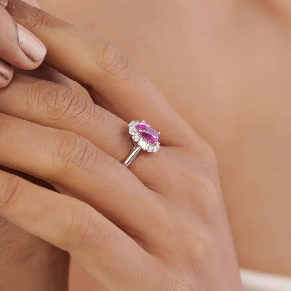 100% Natural Pink Sapphire & Diamond 18K White Gold Statement Halo Ring Birthstone Jewelry