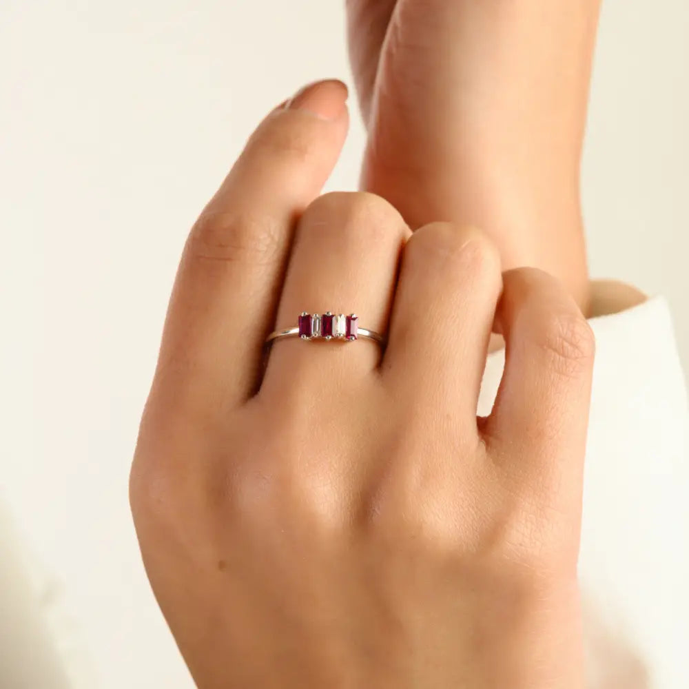 Minimalist Ruby & Diamond Three Stone Ring For Women 14K Pure White Gold Custom Jewelry