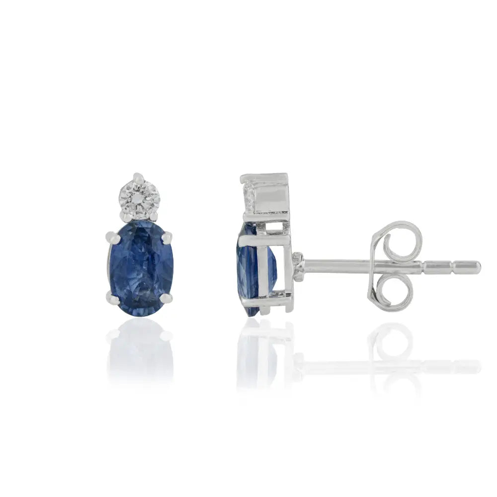 Elegant Classic Design Blue Sapphire & Diamond 14K White Gold Minimal Stud Earrings For Girls