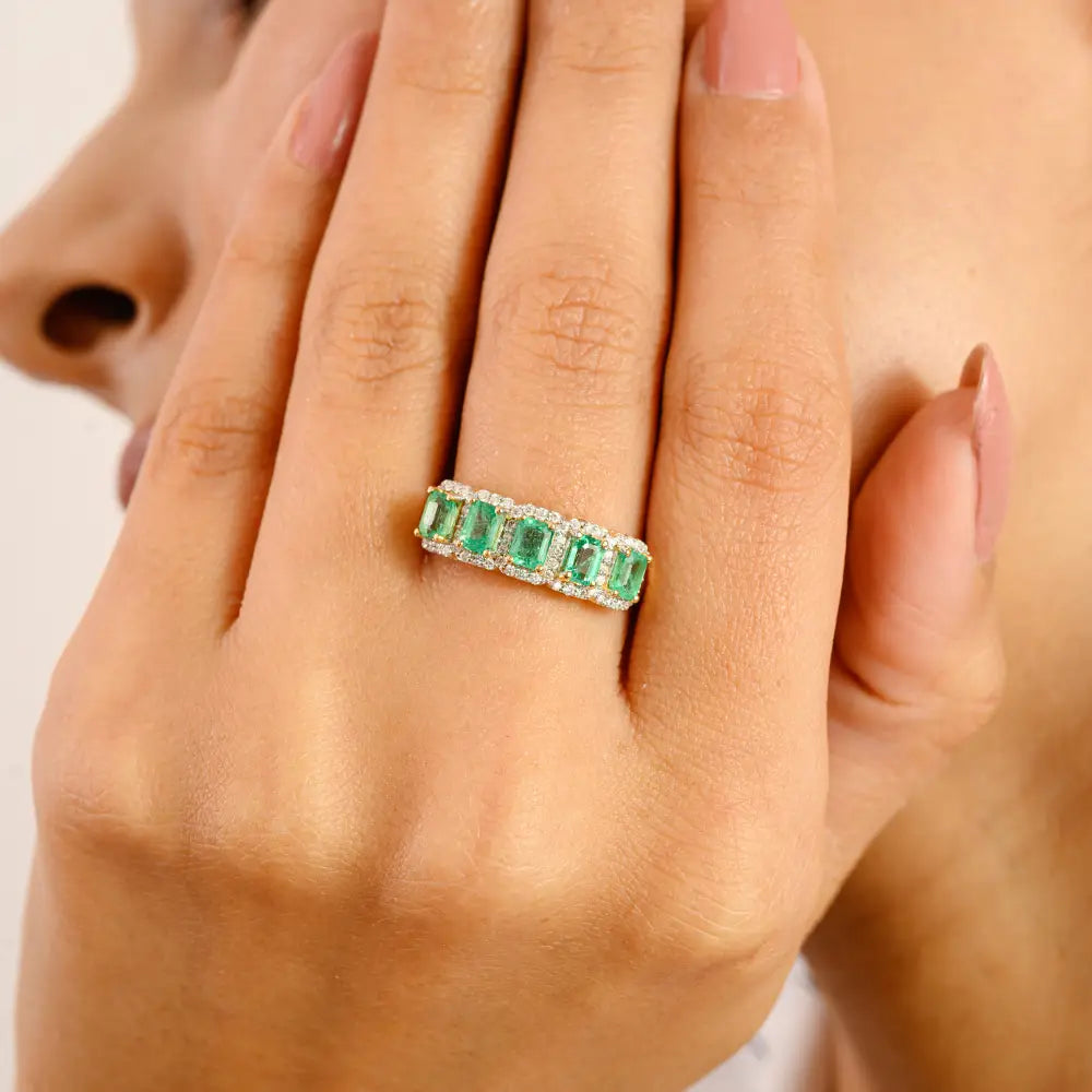 Solid K14 Yellow Gold Natural Emerald & Diamond Halo Half Eternity Band Ring Engagement Jewelry