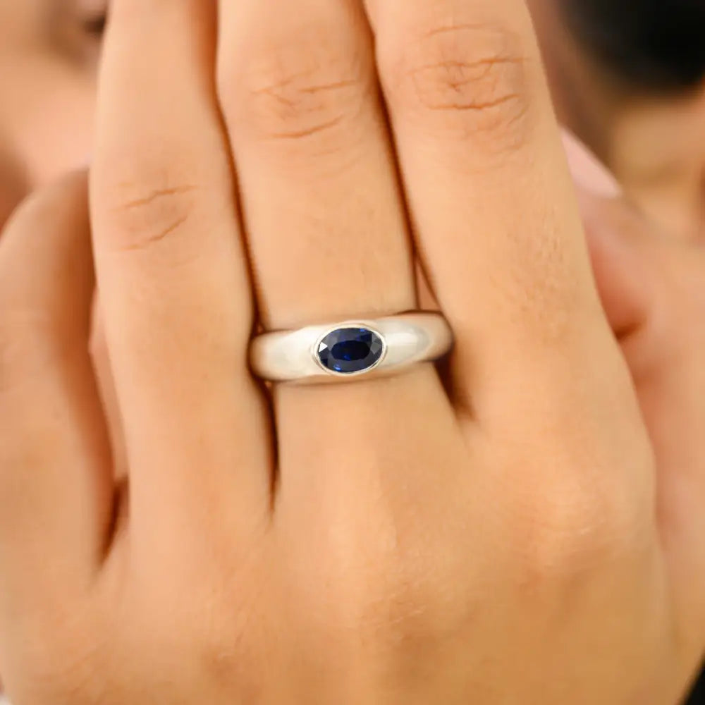 14K Solid White Gold Oval Shape Blue Sapphire Chunky Dome Ring New Collection Jewelry