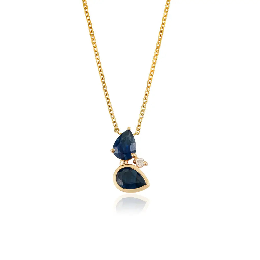 Solid 14K Yellow Gold Blue Sapphire & Diamond Minimal Stackable Pendant Necklace Women