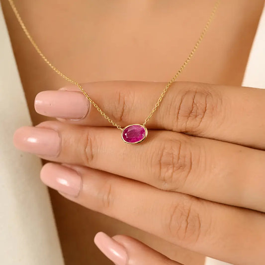 100% Authentic Ruby Bezel Set Single Stone Pendant Necklace K14 Yellow Gold Valentine's Gift