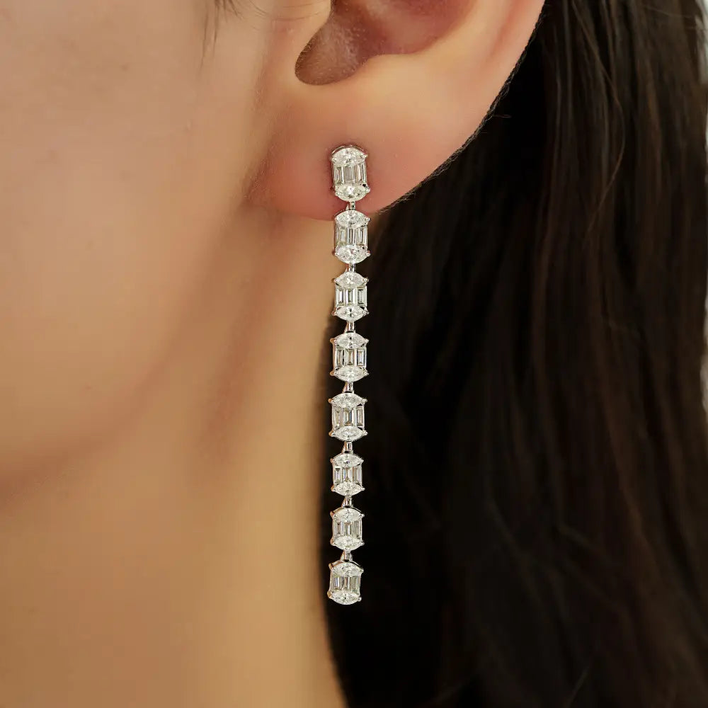 Luxurious 14K White Gold Natural Diamond Long Dangle Earrings Statement Bridal Jewelry
