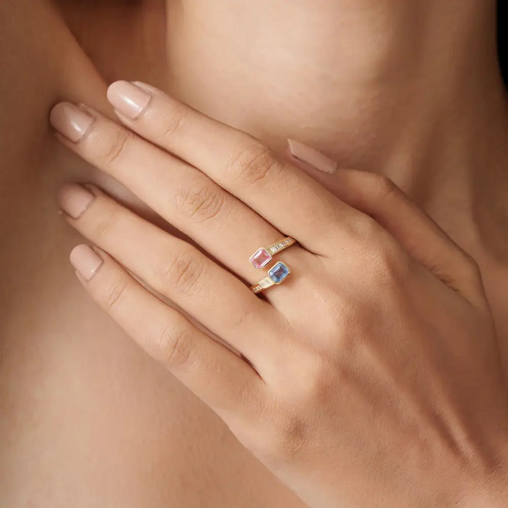 Rainbow Multi Sapphire & Diamond Bypass Ring Birthstone Jewelry 14K Solid Yellow Gold
