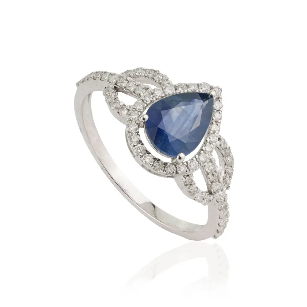 14K Real White Gold Blue Sapphire & Diamond Statement Ring Latest Design Jewelry Supplier