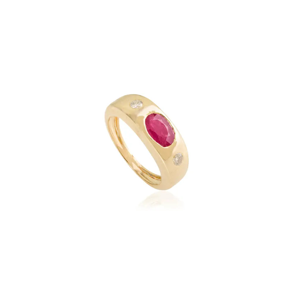 Gypsy Set Ruby Gemstone & Diamond Chunky Signet Ring Gift For Women 14K Yellow Gold