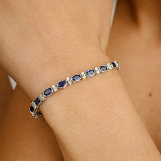 Bulk Jewelry 18K Solid White Gold Blue Sapphire & Diamond Tennis Bracelet