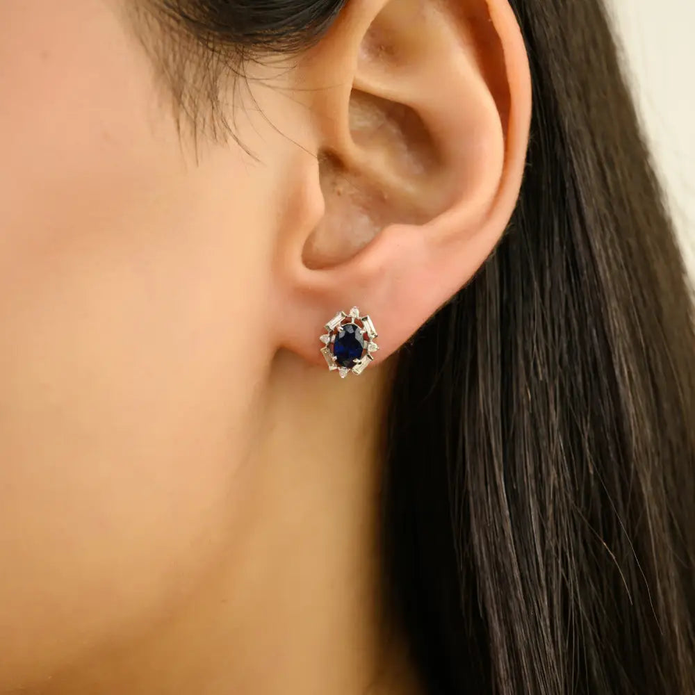 Art Deco Inspired Blue Sapphire & Diamond Halo Stud Earrings 14K Pure White Gold Jewelry