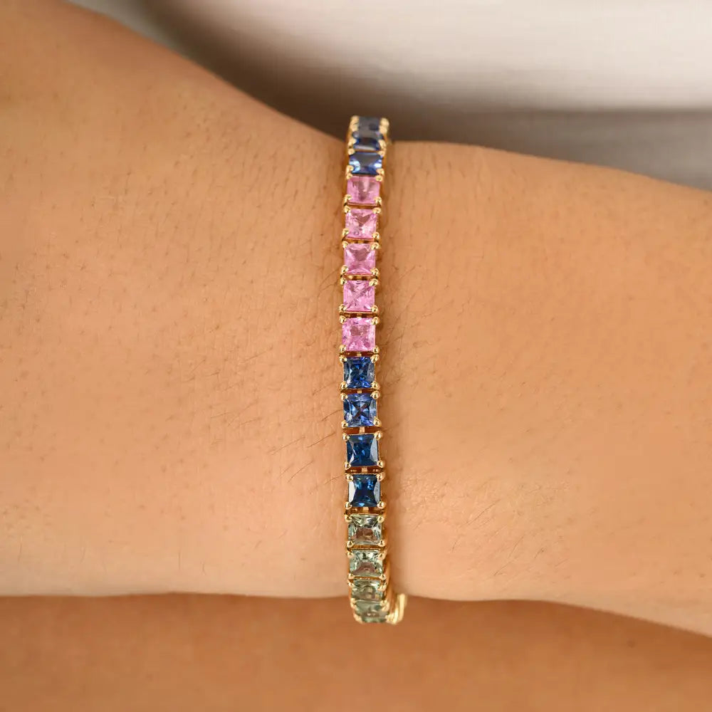 Asscher Cut Colorful Multi Sapphire 14K Solid Yellow Gold Stacking Tennis Bracelet New Arrivals