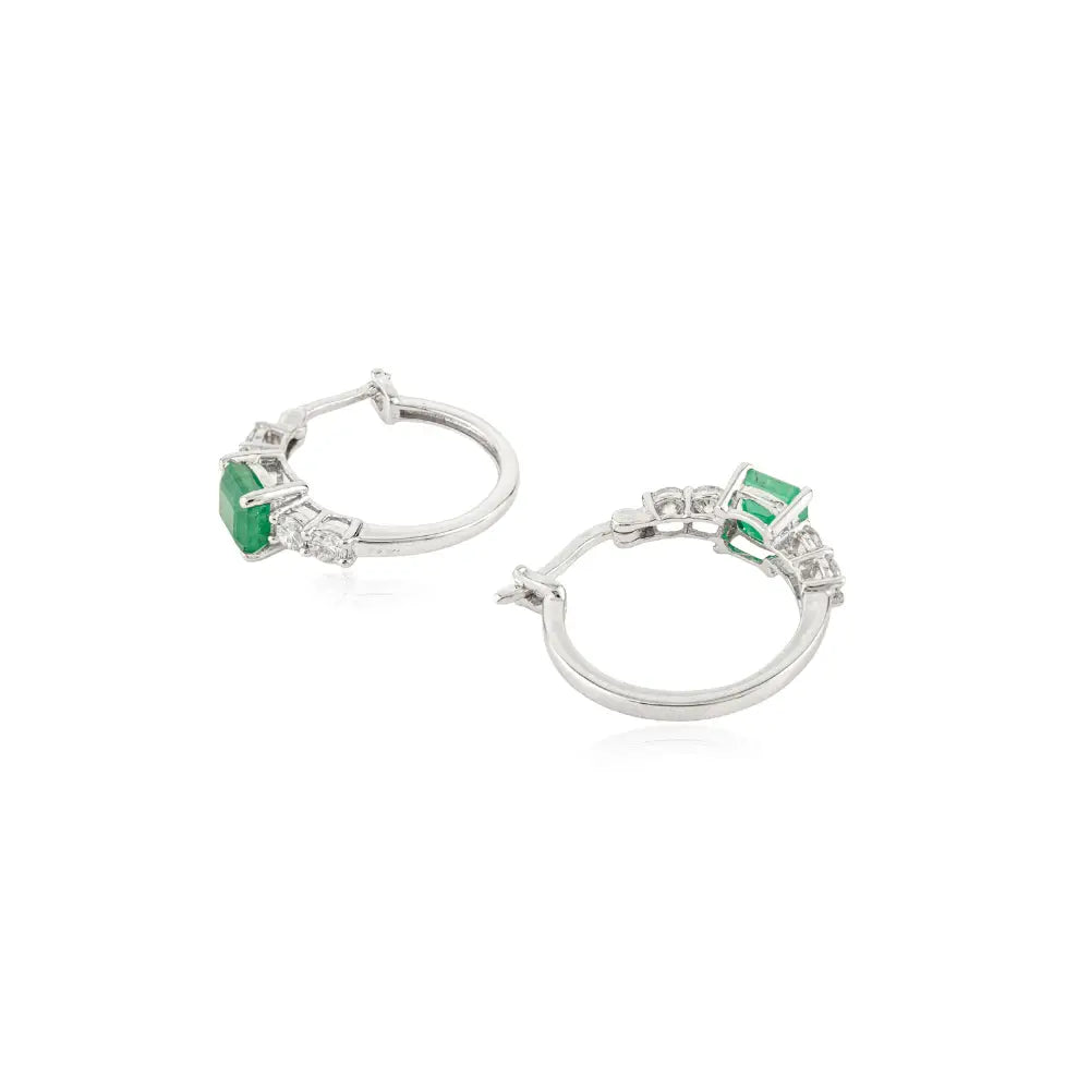 Prong Setting Emerald & Diamond K14 White Gold Everyday Hoop Earrings For Women Gift