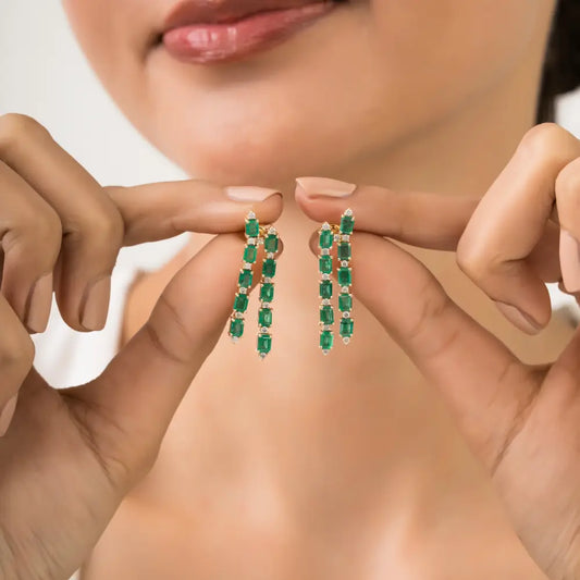 K14 Yellow Gold Fine Emerald & Diamond Two Line Dangle Earrings For Women Wedding Jewelry