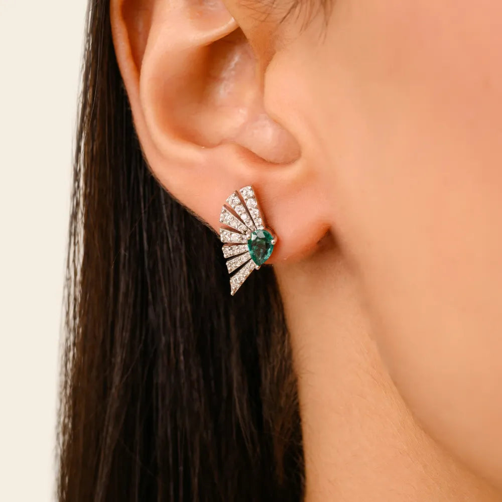 Unique Design Emerald & Diamond 14K White Gold Gemstone Fan Earrings For Women