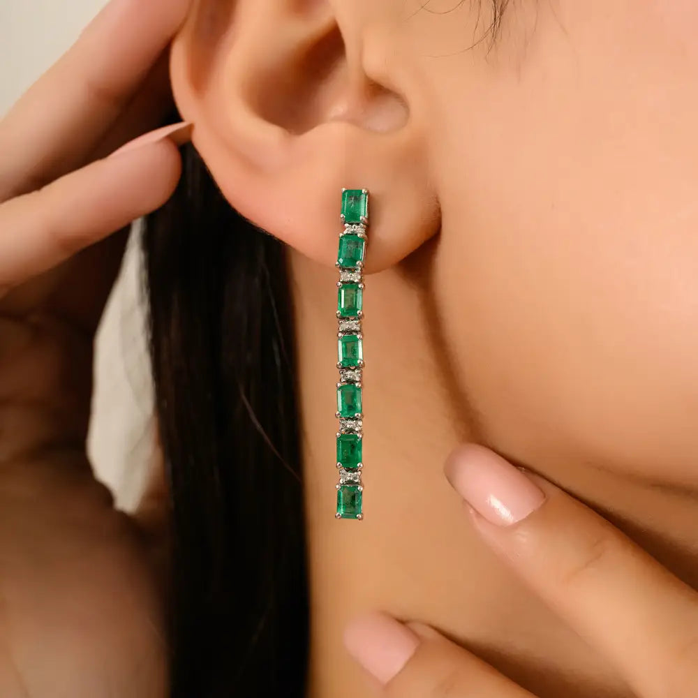 Wedding Party Wear Jewelry Emerald & Diamond K14 Real Gold Long Dangle Earrings