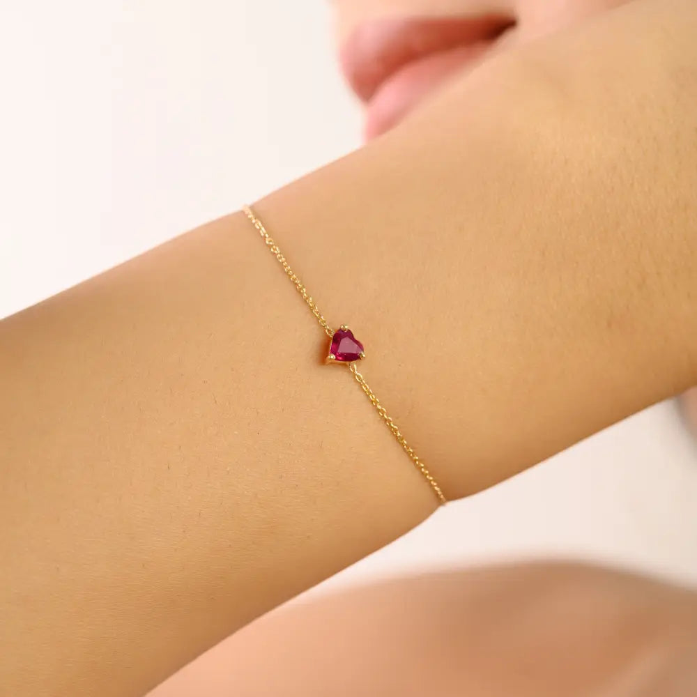 Tiny Heart Shape Ruby Prong Set Single Stone Bracelet 14K Yellow Gold Valentine Gift